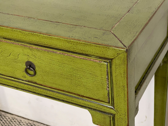 olive green lacquered 2 drawer console 