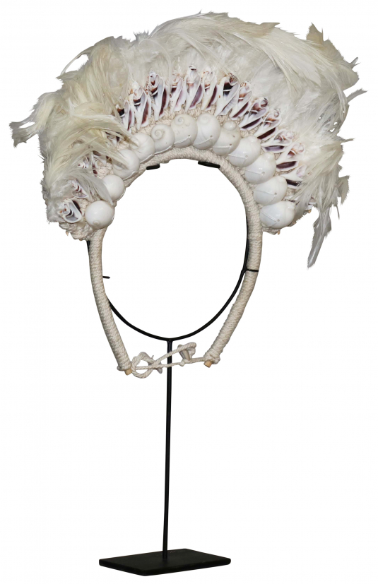 Block & Chisel shell and feather necklace deco on metal stand