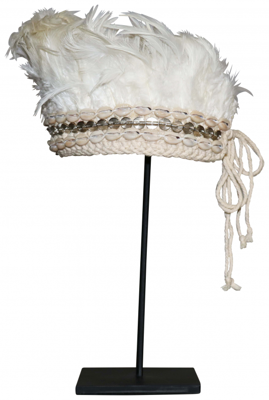 Block & Chisel shell and feather headdress on metal stand
