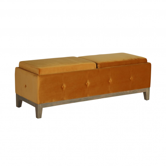 Cleopatra Bedend in mustard with tufted detail and wooden legs with convertible trays