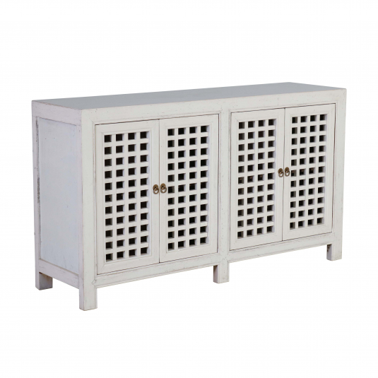 wood sideboard in white with lattice detail on doors