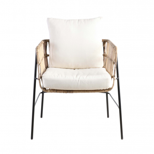 rattan armchair with off white cushions