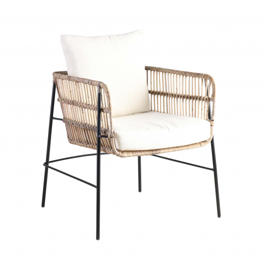 rattan armchair with off white cushions