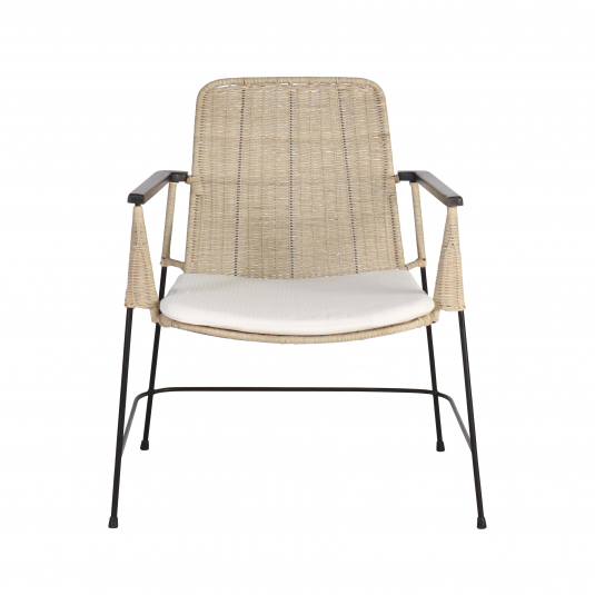 Rattan cane chair with iron frame and seat cushion