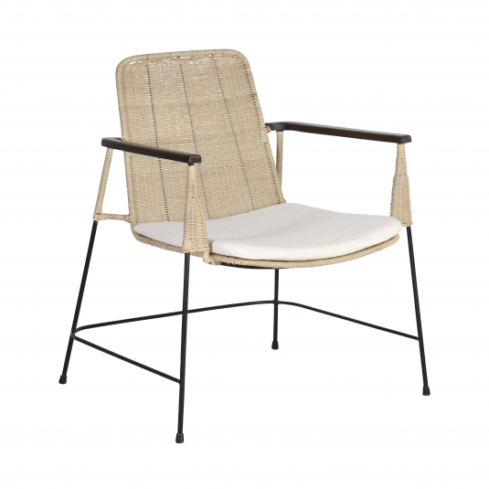 Rattan cane chair with iron frame and seat cushion