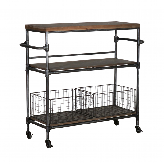 Wood and metal trolley with wire baskets