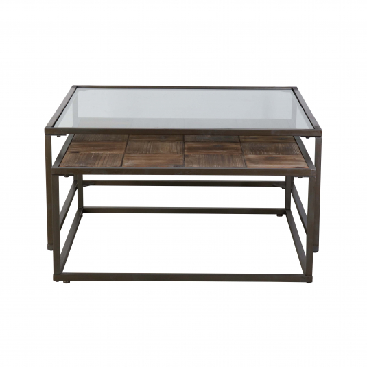 Glass and wood square coffee table with metal frame 