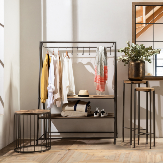 metal and wood shelving unit with hooks