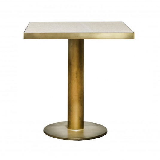Gold tall side table with round brass base and square marble top.