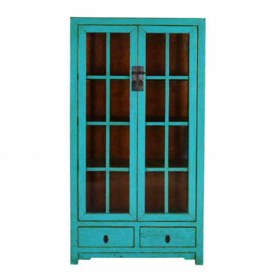 turquoise lacquered chinese cabinet with glass doors