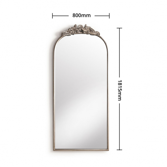 Silver mirror with ornate detail arched chateau collection