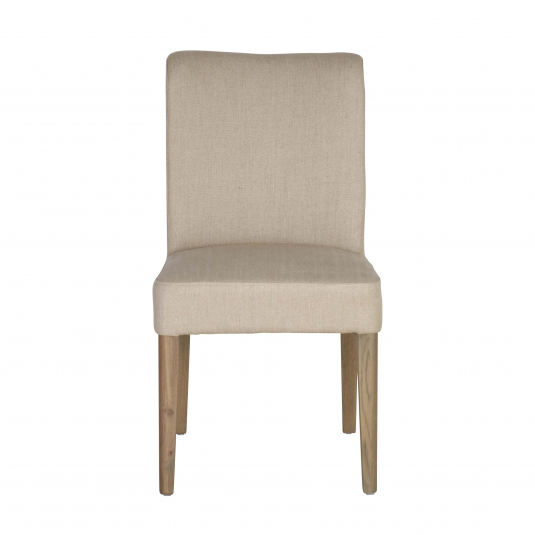 Block & Chisel linen upholstered dining chair with pointed oak wood legs