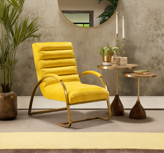 yellow velvet accent chair with gold metal frame