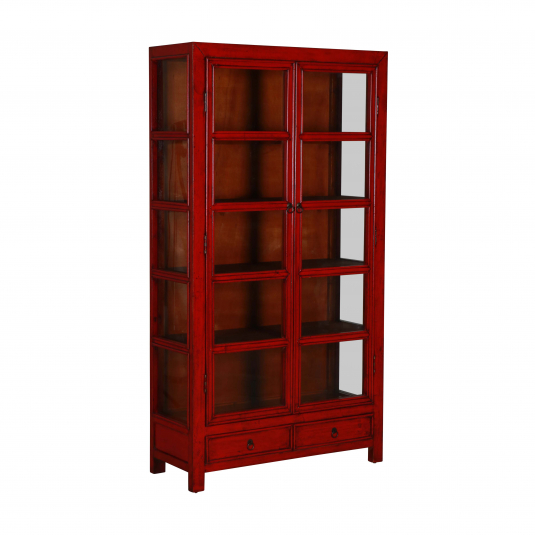 red lacquered display cabinet with glass doors 