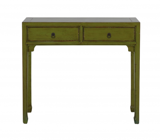 olive green lacquered 2 drawer console 
