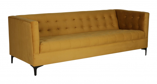 Gold velvet sofa with tufted backrest and high armsrests