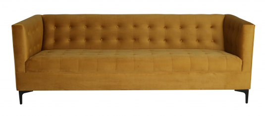 Gold velvet sofa with tufted backrest and high armsrests