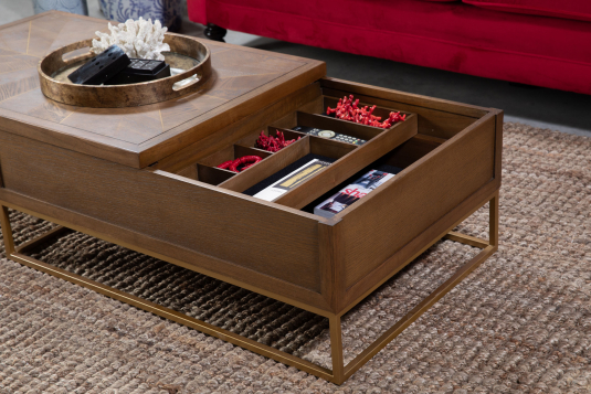 Oak coffee table on gold frame with storage
