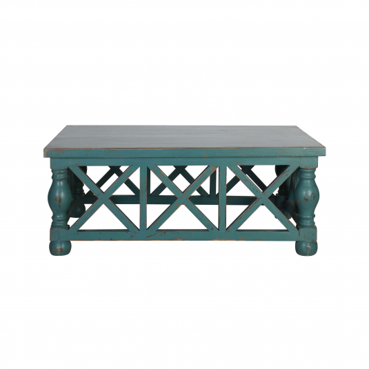 Blue distressed coffee table with turned legs cross side detail