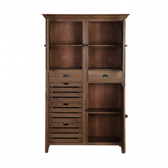 wooden storage cabinet with drawers and shelving