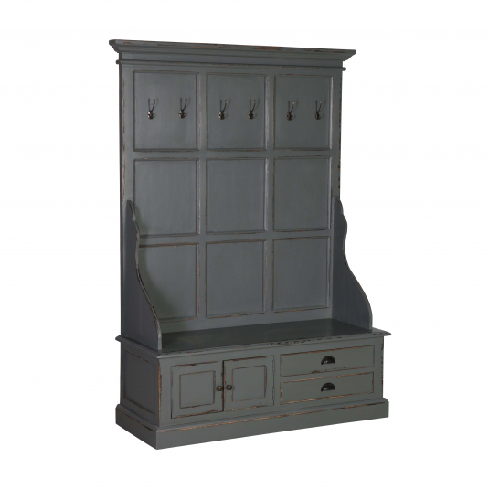 grey painted entrance hall bench with hooks and drawers