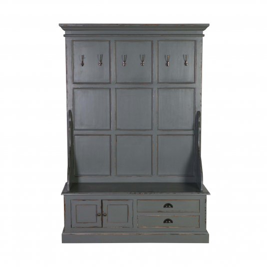 grey painted entrance hall bench with hooks and drawers