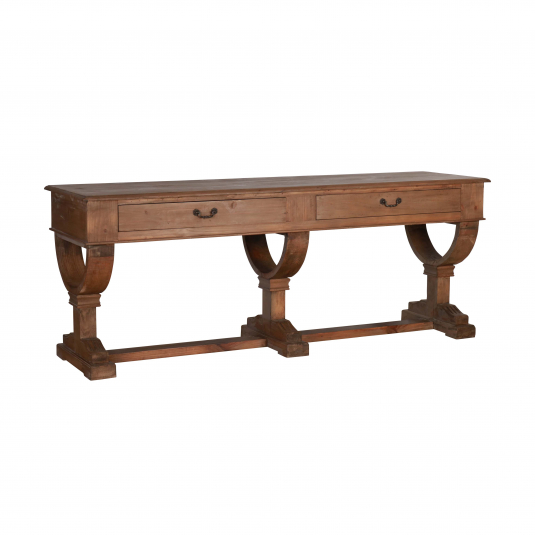 Two-drawer pine console with three Y-shaped legs