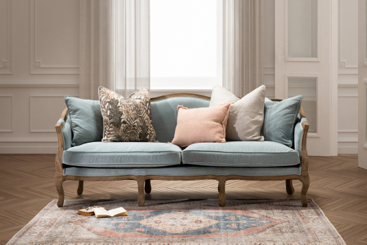 Château style sofa with wood frame and duck egg fabric