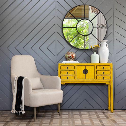 yellow lacquered asian inspired console