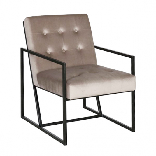 Drew occasional armchair with black metal frame and velvet tufted seating