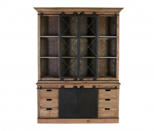 Block and chisel display cabinet with glass and metal sliding doors