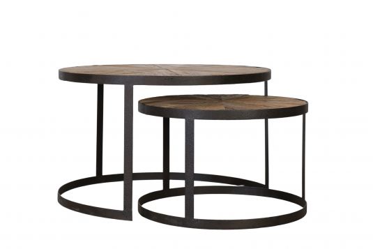 Block & Chisel round reclaimed wood nesting tables with iron base