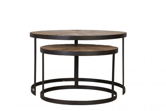 Block & Chisel round reclaimed wood nesting tables with iron base