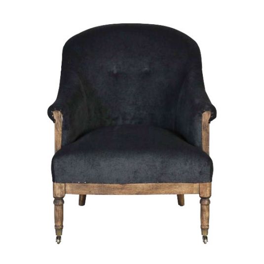 Deconstructed occasional chair with castors, upholstered in charcoal fabric
