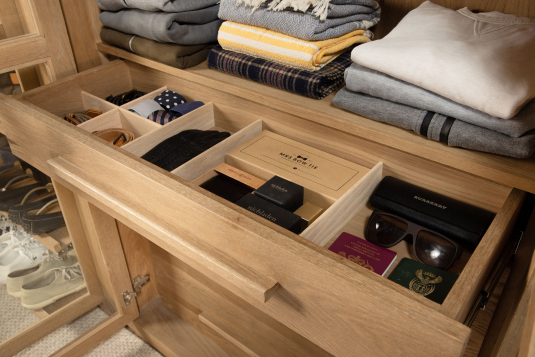 Block and chisel wardrobe drawers and shelves in brushed oak