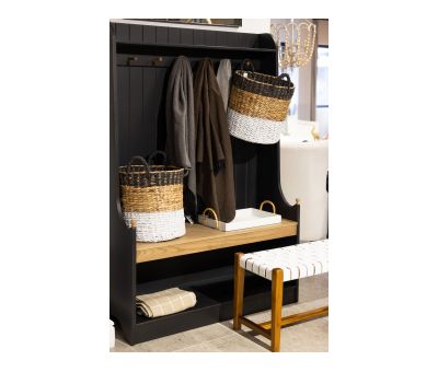 Block & Chisel matt black coat stand with weathered oak seat