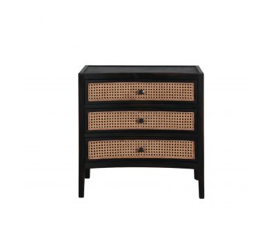 3 drawer block and chisel bedside with rattan inlay on drawers