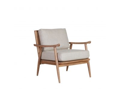 modern armchair with rattan back and linen seat and back cushion