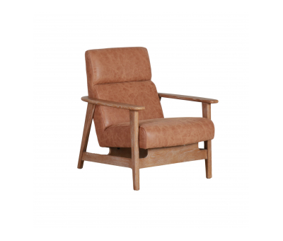 Low lounge chair in leather with wooden arms and legs