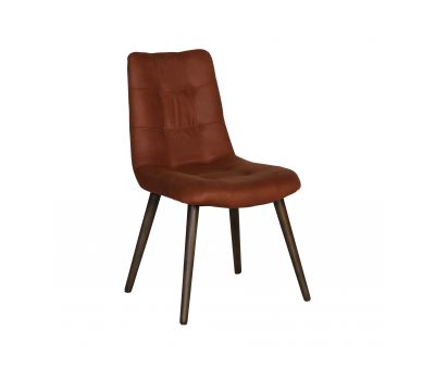 Upholstered chair in brown fabric and tapered wooden legs. 