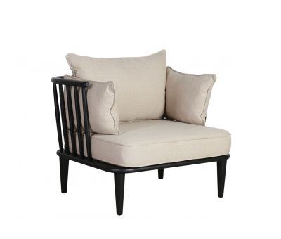 Armchair with dark wooden frame and linen cushions