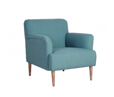 teal upholstered armchair with oak legs