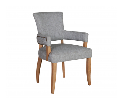 Grey upholstered carver chair with oak legs 