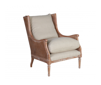 Linen wingback chair with rattan detail