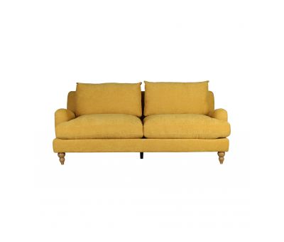 mission sofa in buttercup mustard fabric with wooden legs