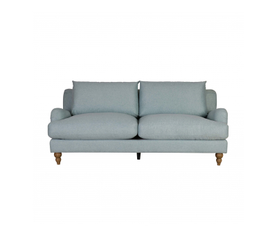  3 seater sofa upholstered in duck egg with oak wooden legs.