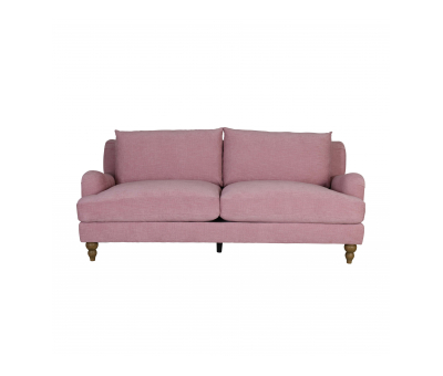 3 seater dusty pink upholstered sofa with oak wooden legs.