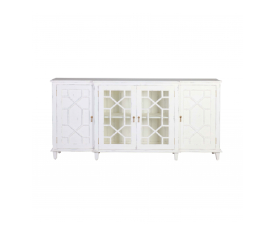 white distressed sideboard with 2 glass doors