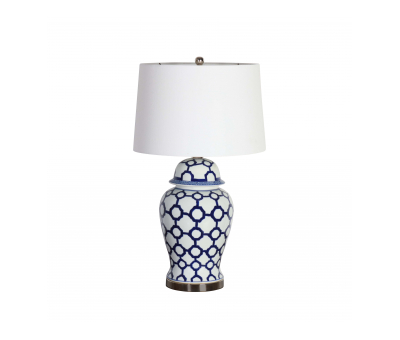 blue and white ceramic base lamp with white shade 