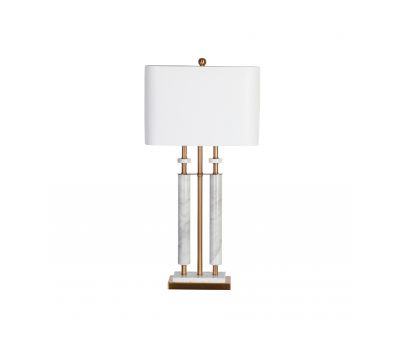 Twin-column marble and gold lamp base with linen shade